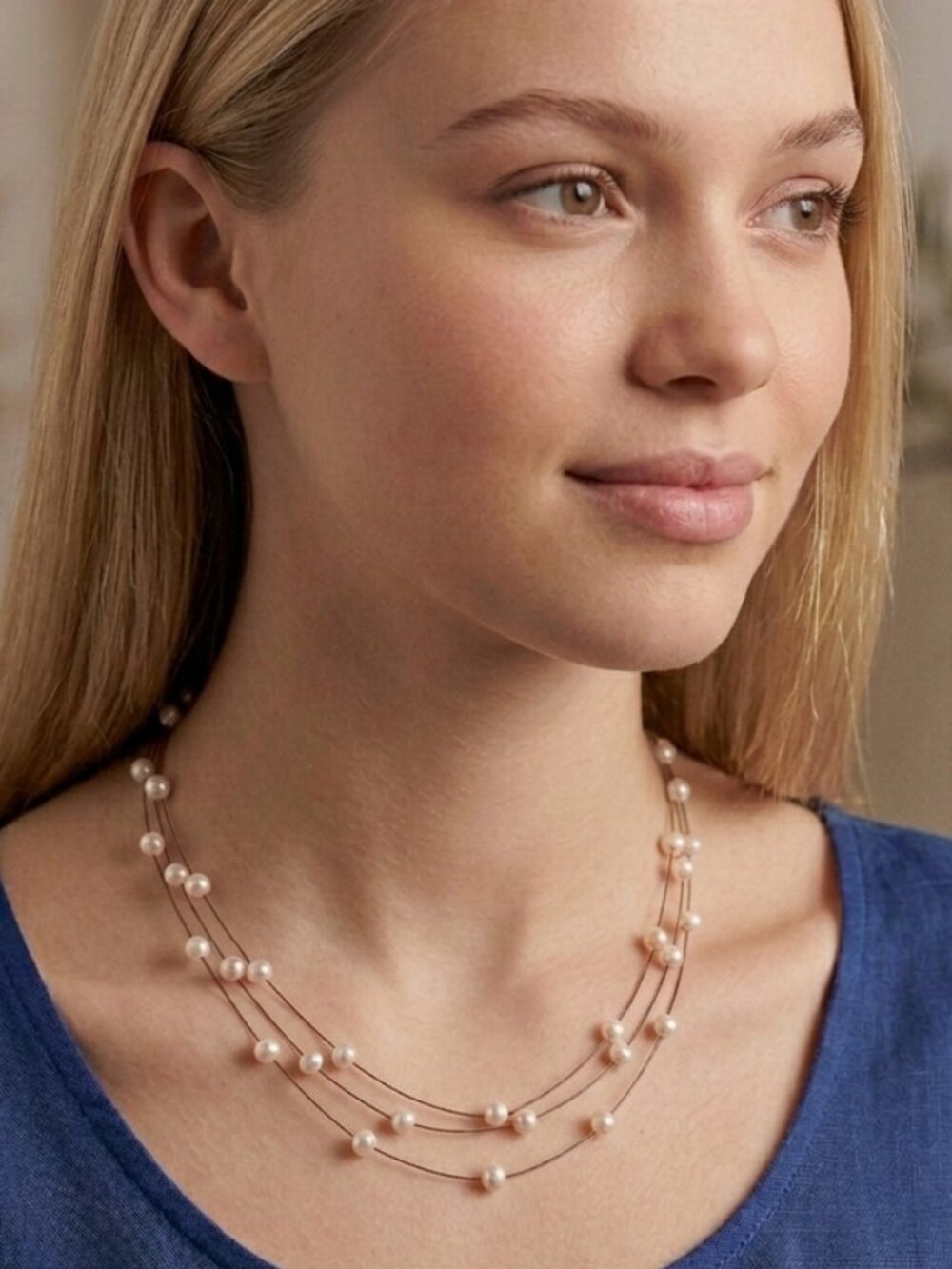 New York & Co. Silvertone Floating Faux Pearl Necklace 3 Strands